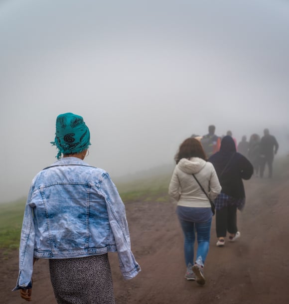 Refugees walking along a road